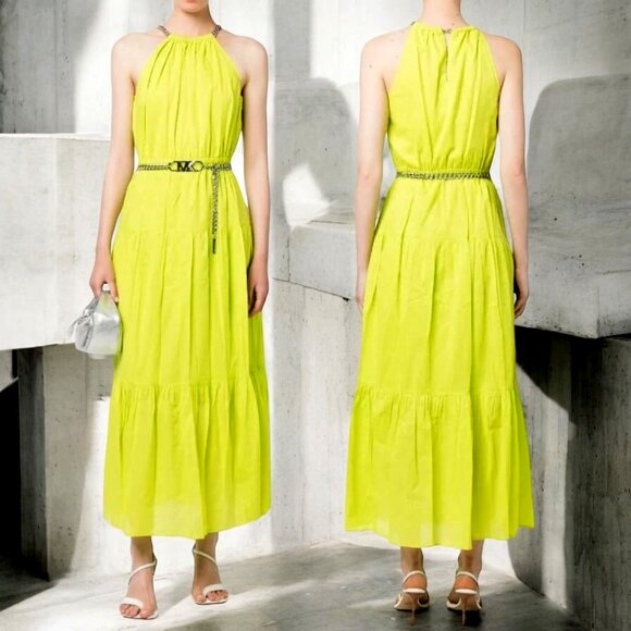 Michael Kors Chain-link Halter Neck Neon Green Maxi Dress - Picture 2 of 6